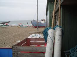 Nrre Vorupr p en blsende og regnfuld dag. Small fishing town at the west coast on a cold and rainy day.